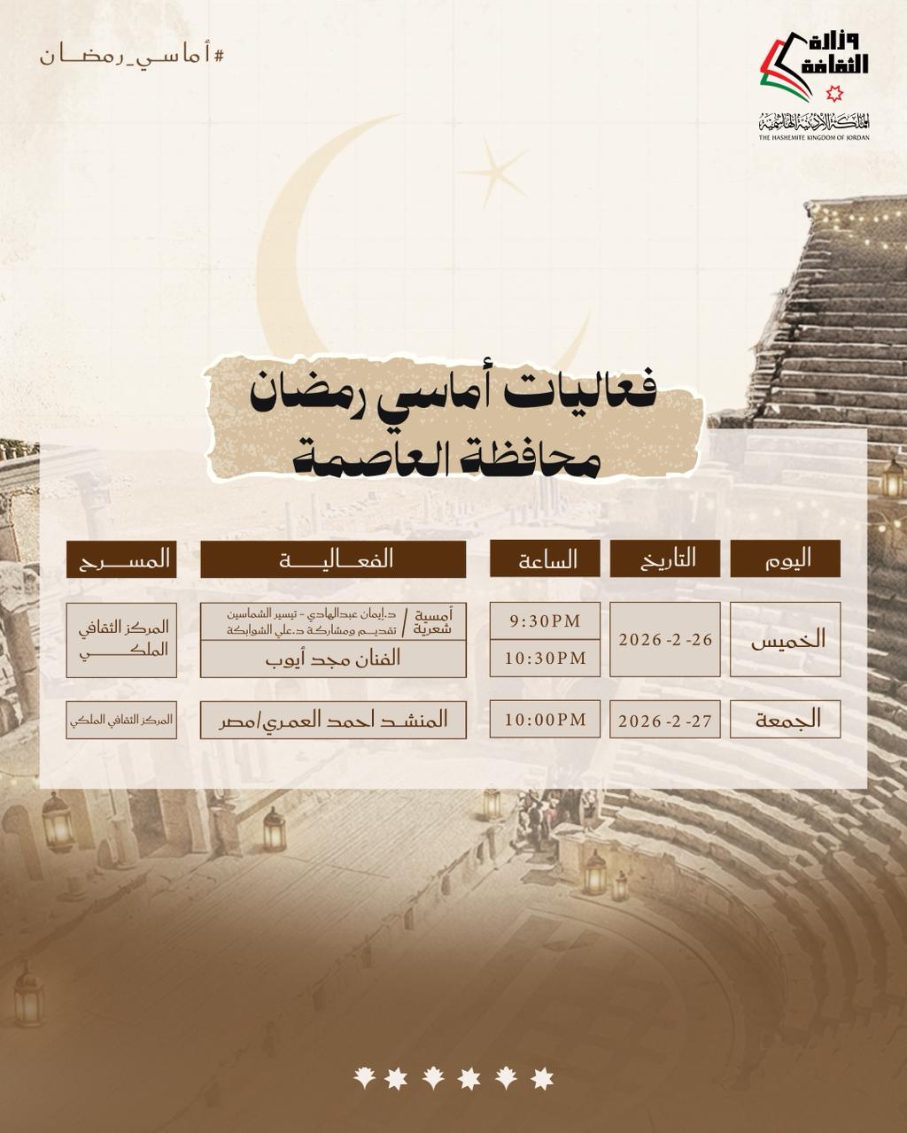 برنامج أماسي رمضان في عدد من المحافظات يومي الخميس والجمعة