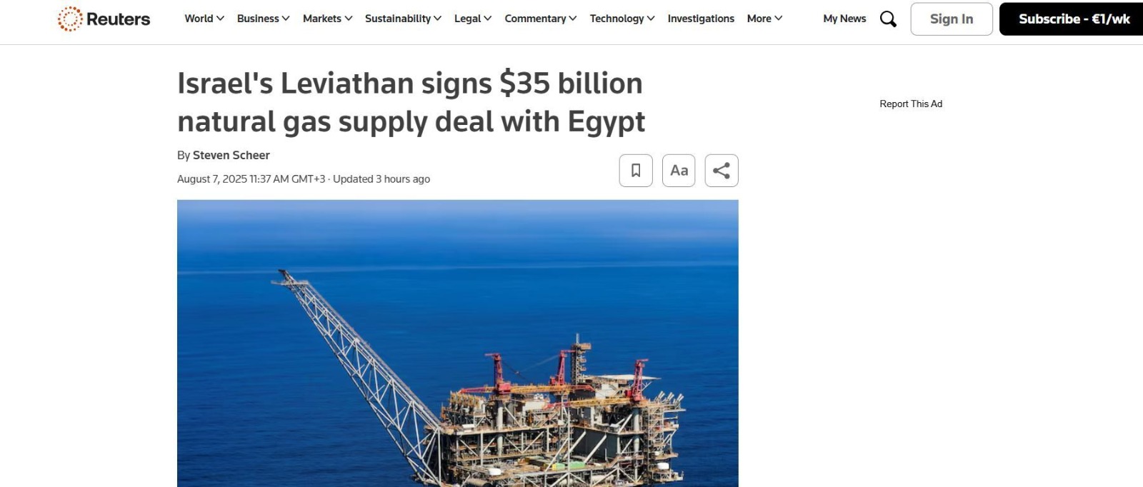 اتفاقية إسرائيلية مصرية لتصدير الغاز بقيمة 35 مليار