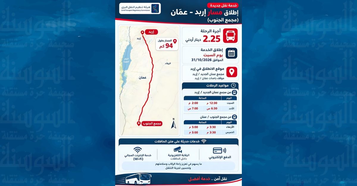 النقل البري تطلق مسارا جديدا بين إربد وعمّان بأجرة 2.25 دينار